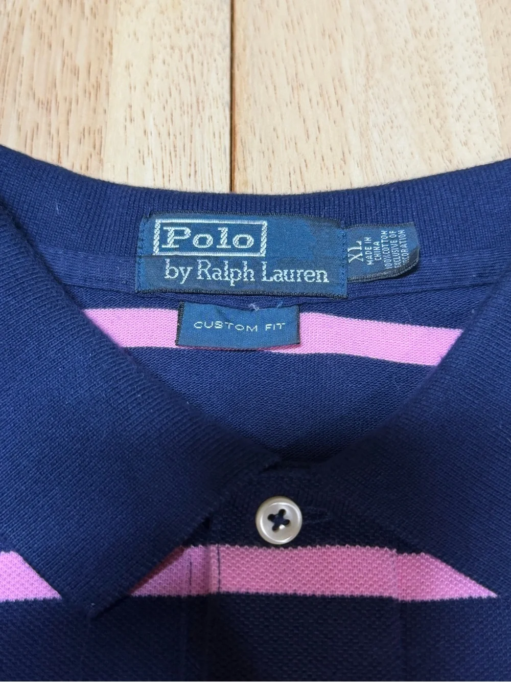 Polo Ralph Lauren Vintage 90s Navy Pink Striped Polo Shirt Embroidered Pony XL